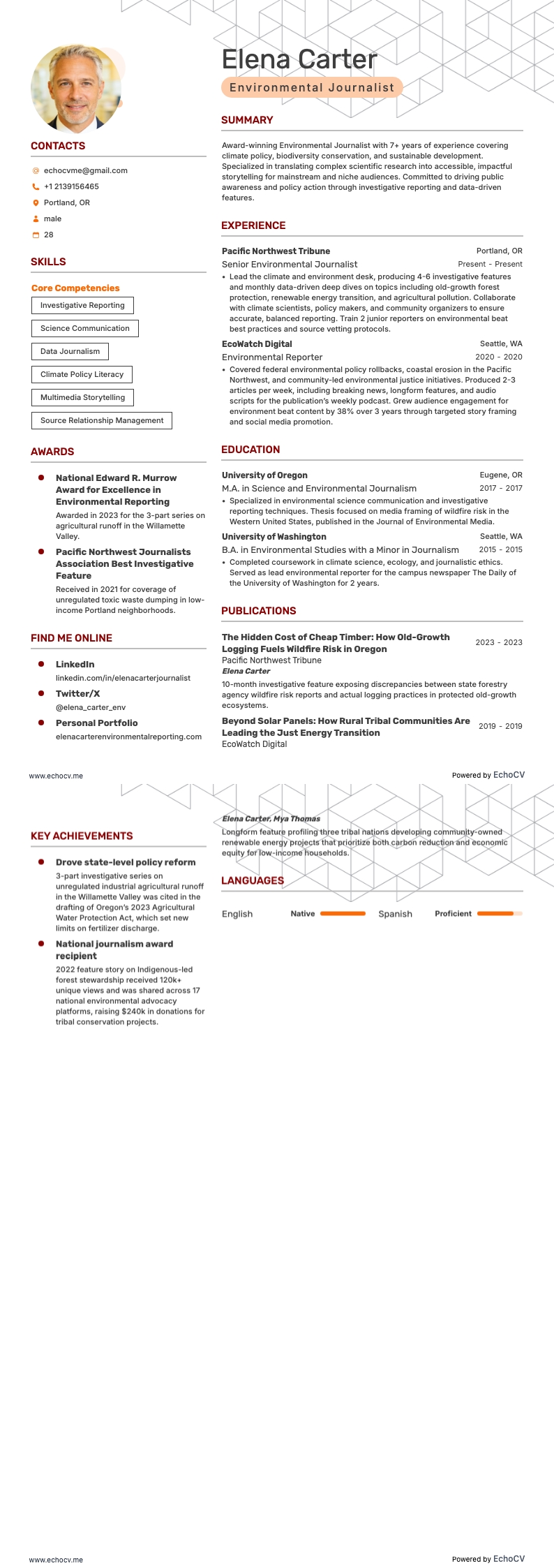 環境ジャーナリスト example resume