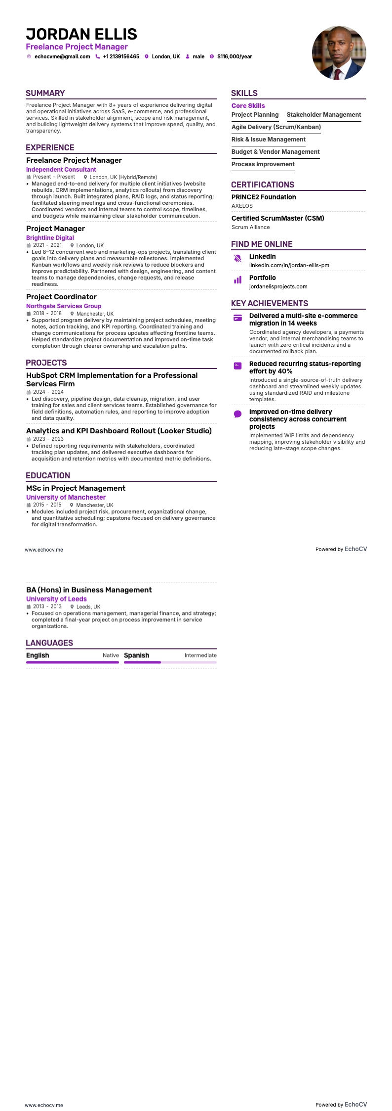 Freelance projectmanager example resume