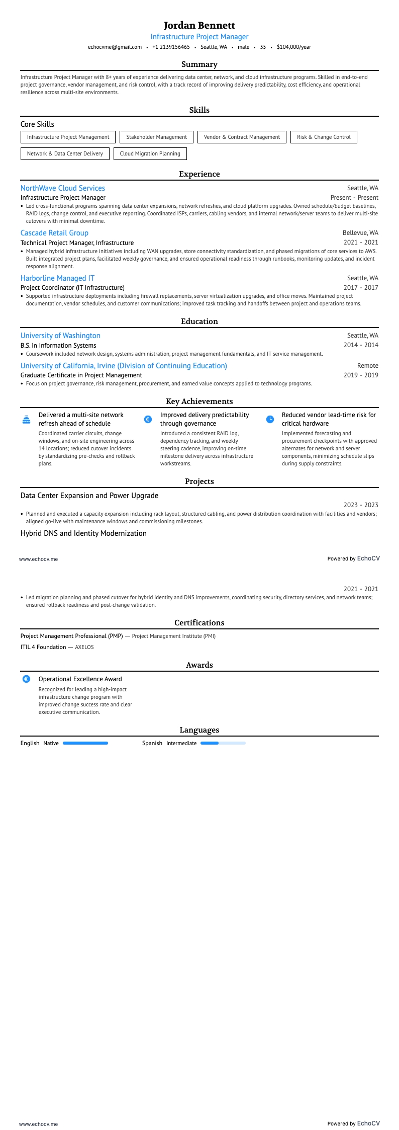 Infrastructuurprojectmanager resume example
