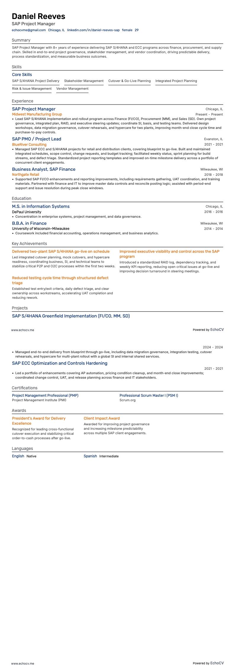 SAP-projectmanager example resume