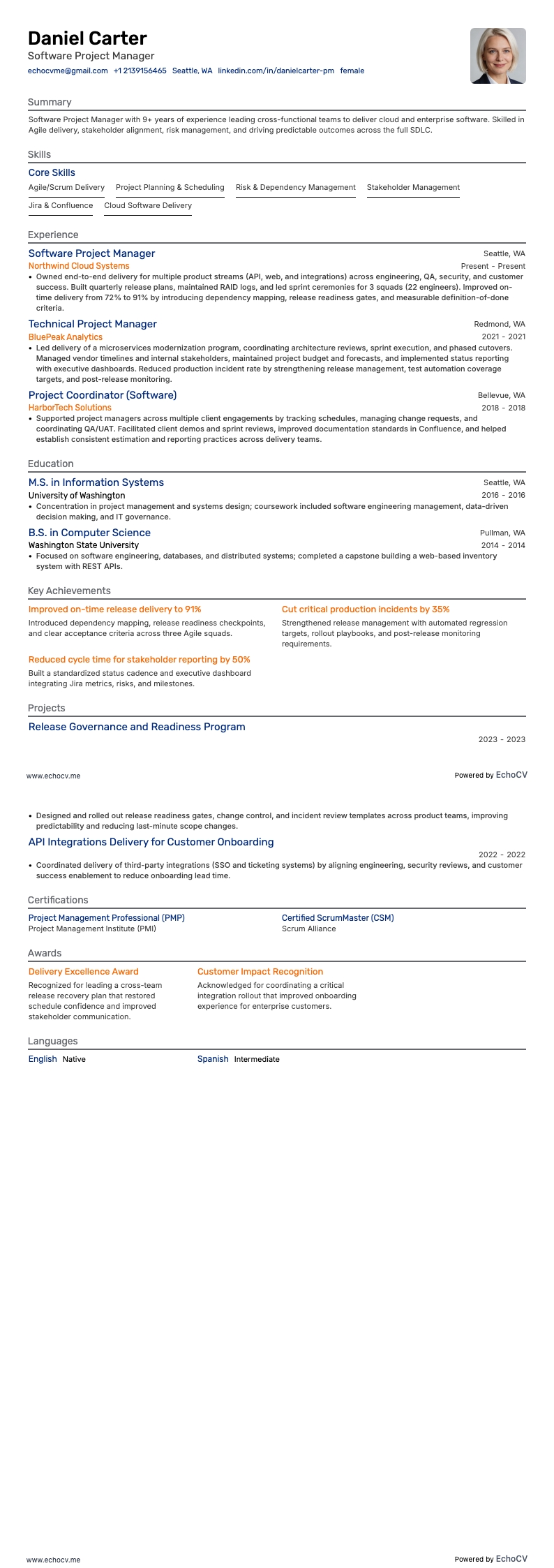 Softwareprojectmanager example resume