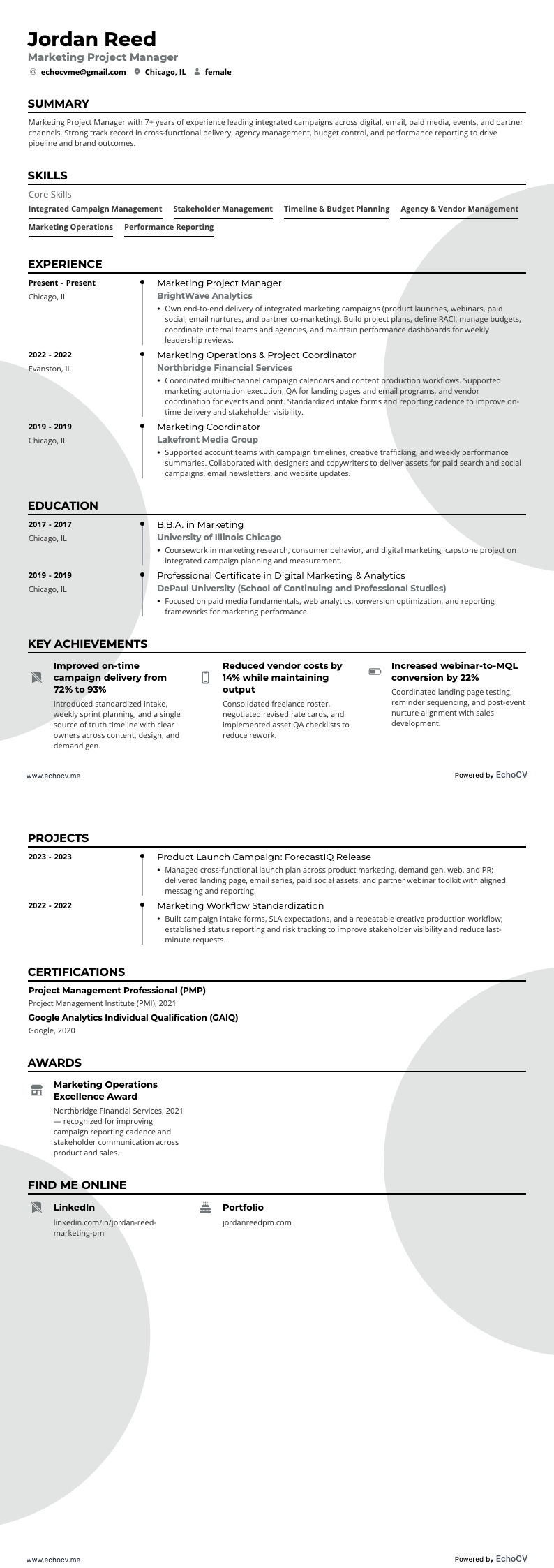 Marketingprojectmanager example resume