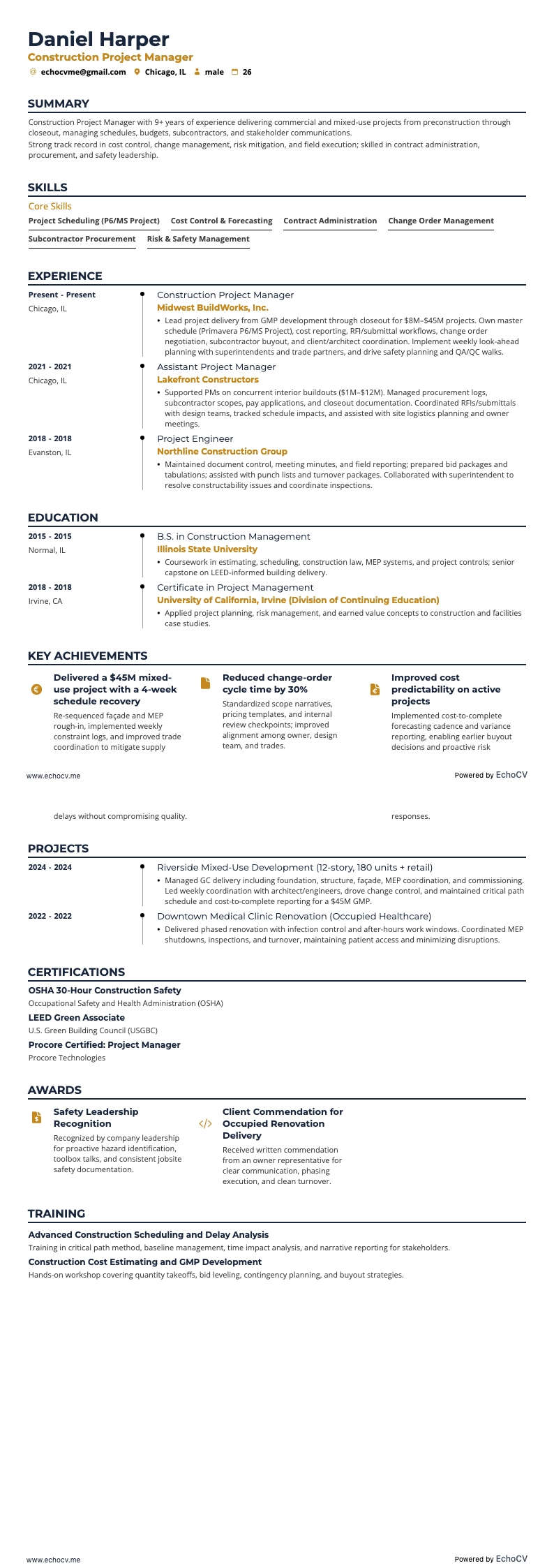 Projectmanager bouw example resume