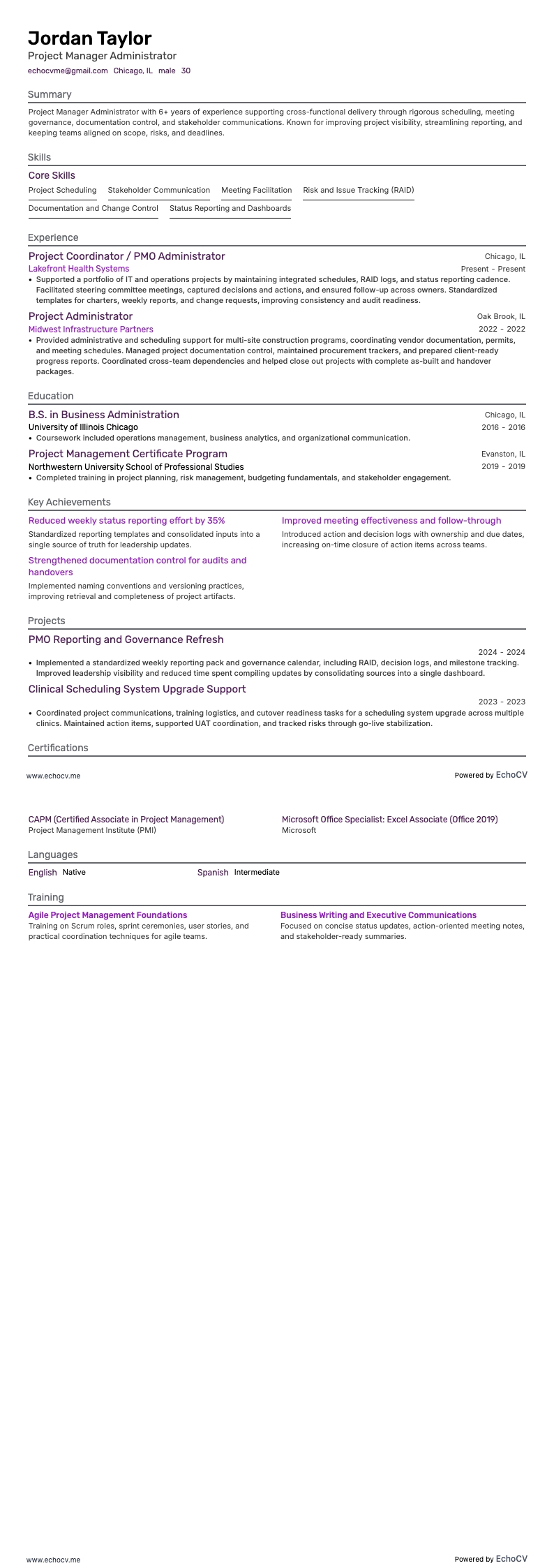 Projectmanager-beheerder example resume