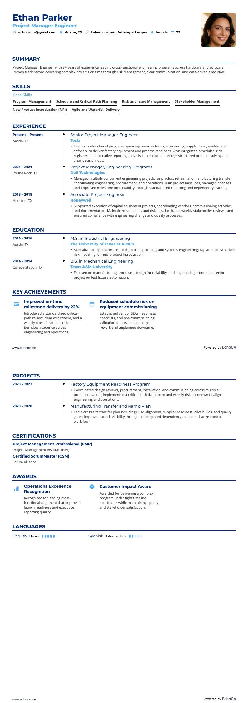 Projectmanager ingenieur example resume
