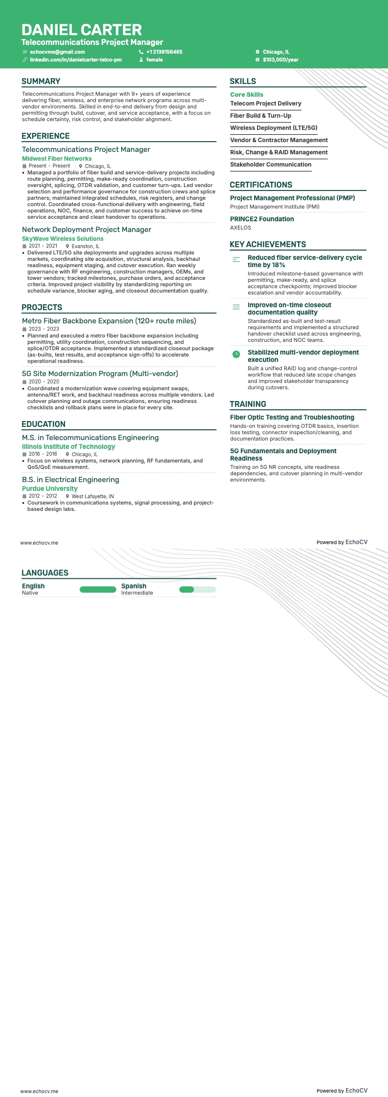 Projectmanager Telecommunicatie example resume