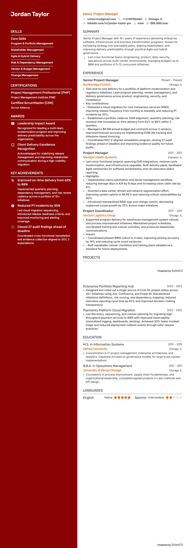 Senior projectmanager example resume