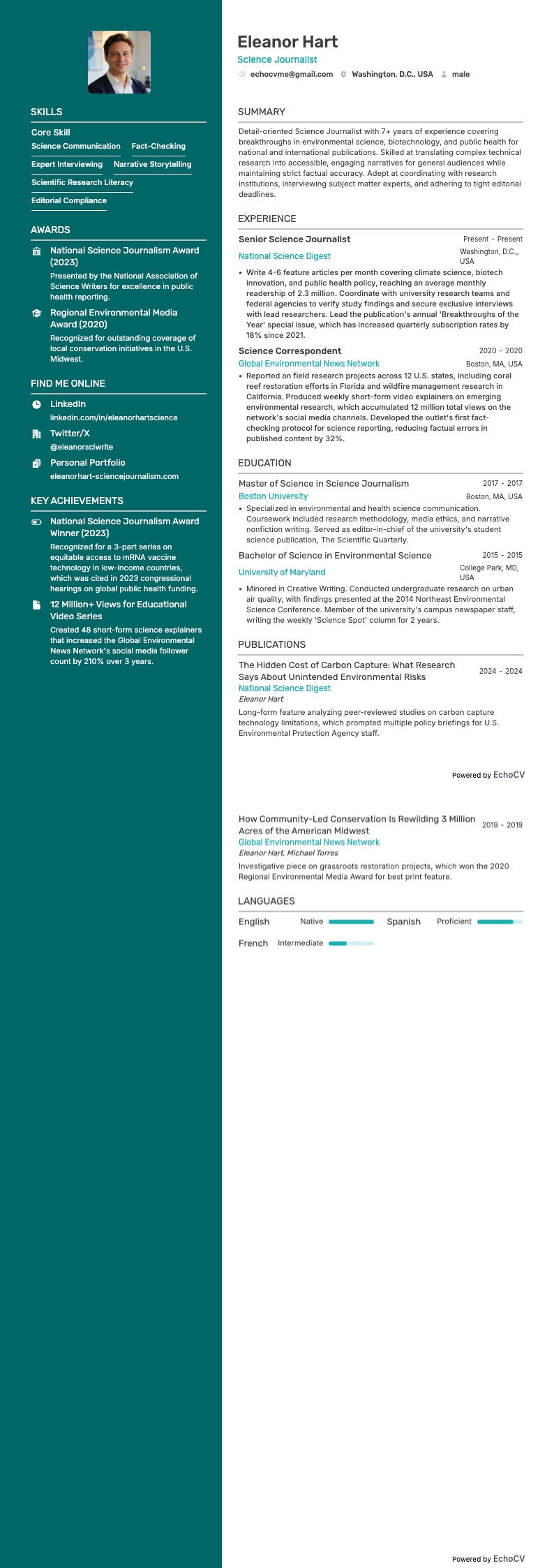 科学ジャーナリスト example resume