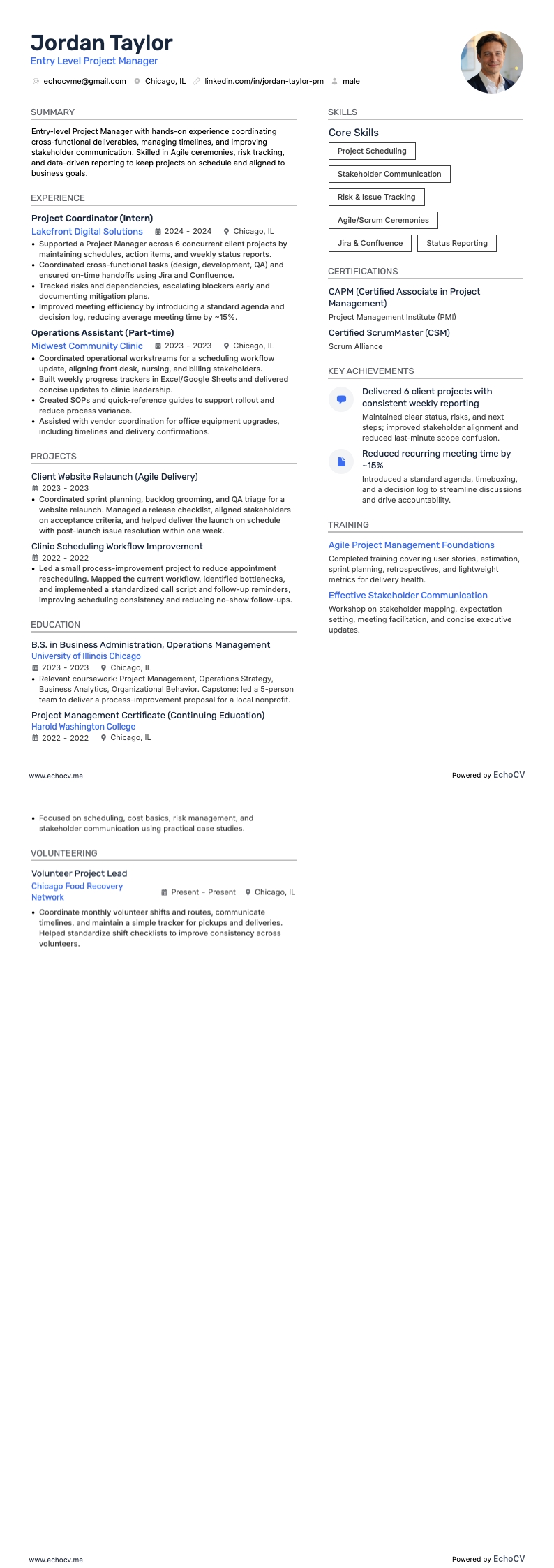 Projectmanager op instapniveau example resume