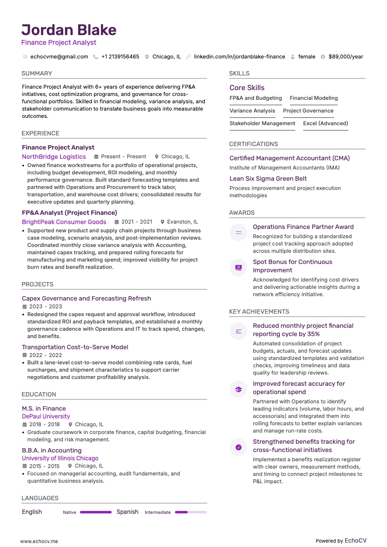 Finansiell projektanalytiker example resume