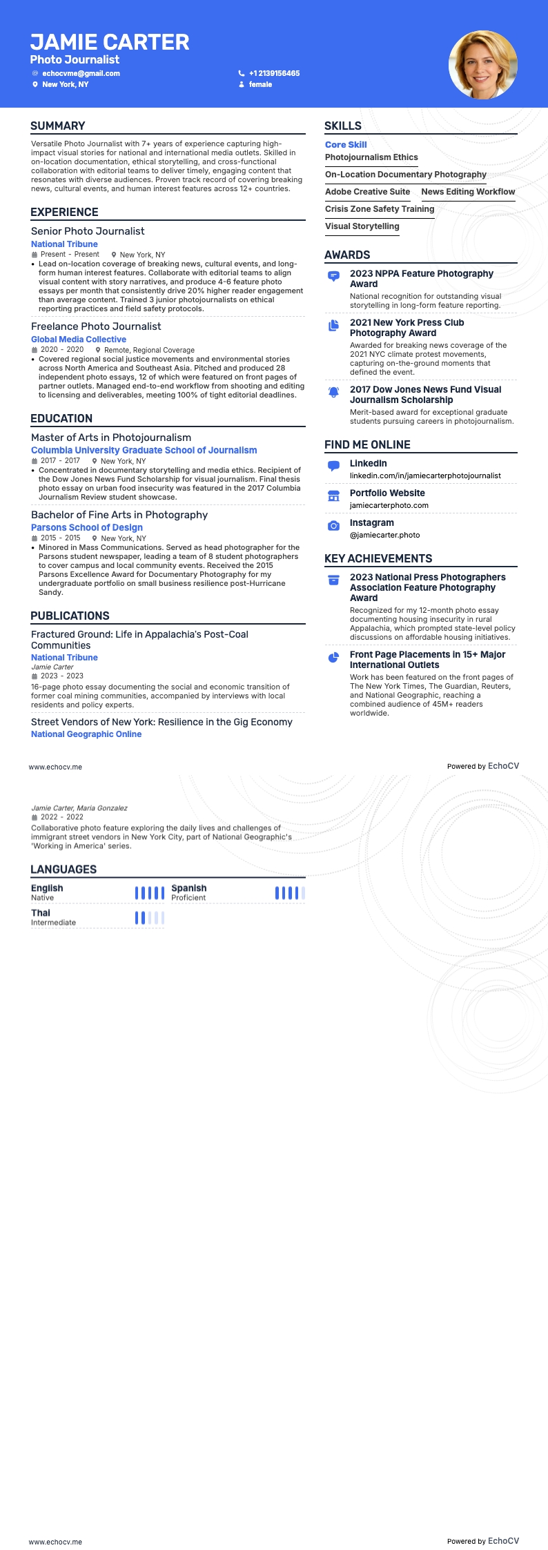 フォトジャーナリスト example resume