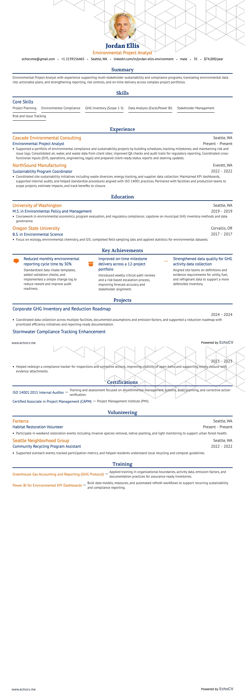 Miljöprojektanalytiker example resume