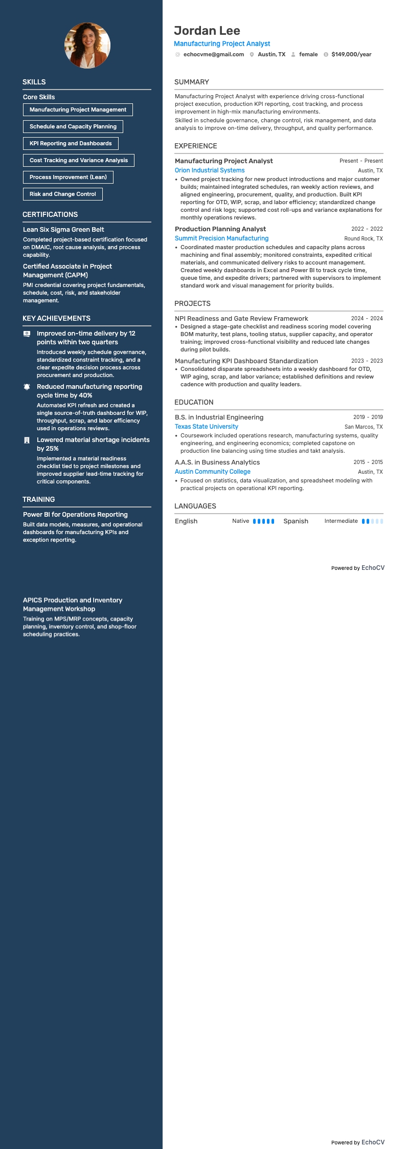 Projektanalytiker inom tillverkning example resume