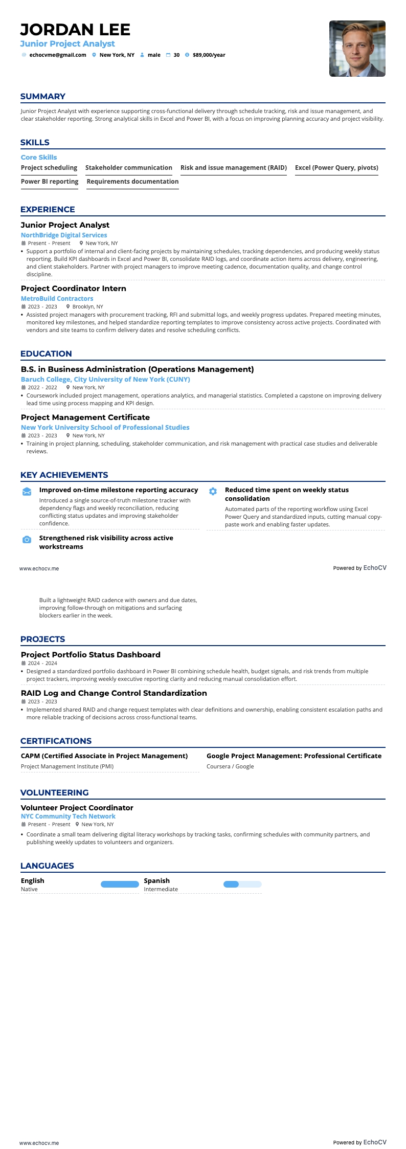 Junior projektanalytiker example resume