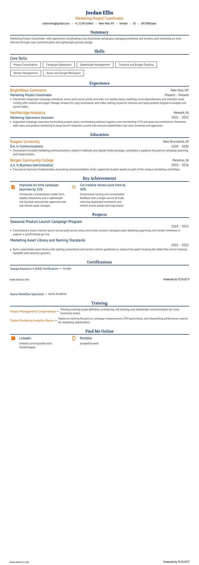 Marketing Project Coordinator example resume