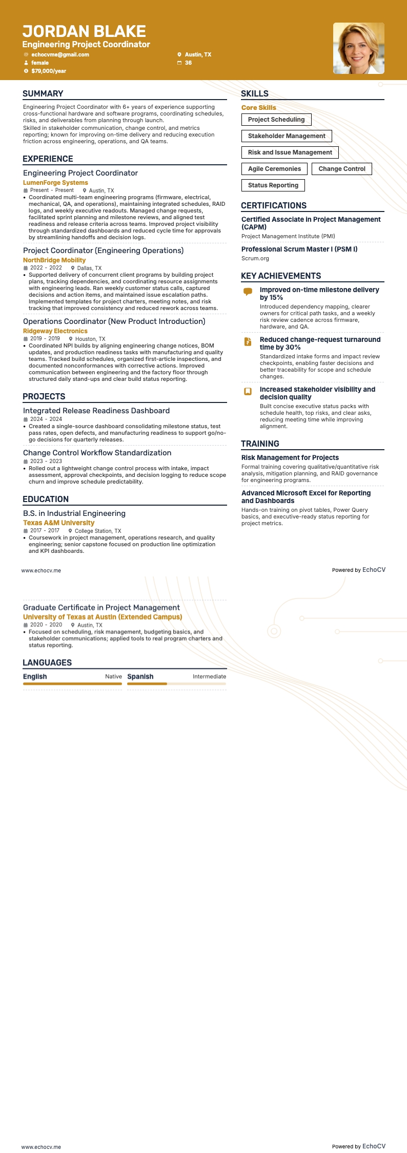 Engineering Project Coordinator example resume