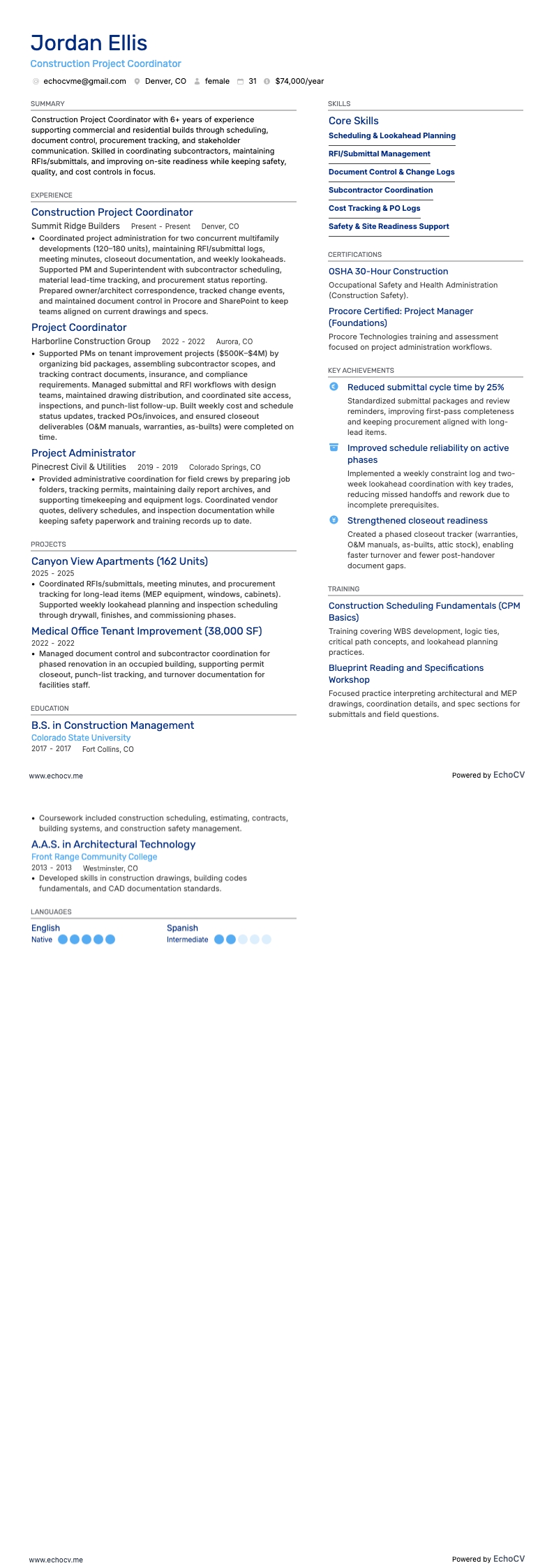 Construction Project Coordinator example resume