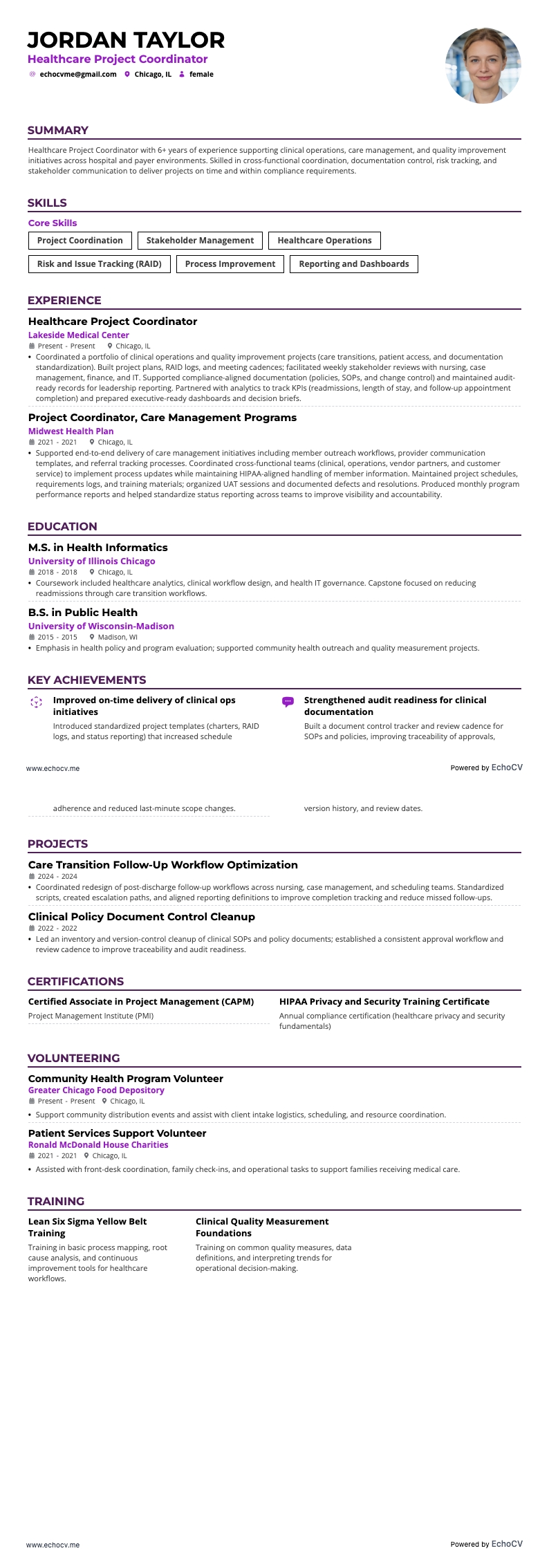 Healthcare Project Coordinator example resume