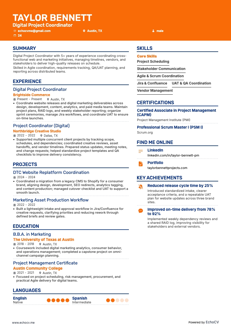 Digital Project Coordinator example resume