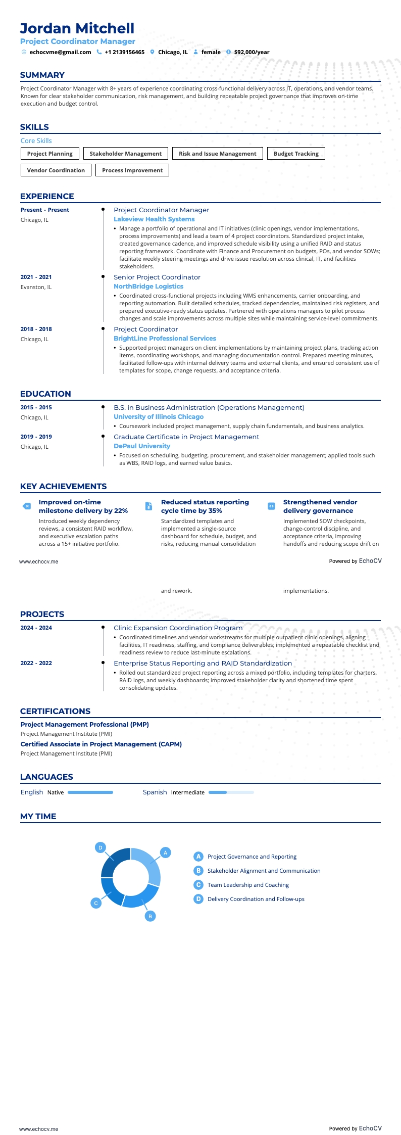 Project Coordinator Manager example resume
