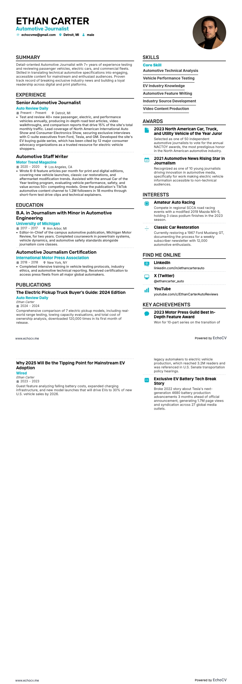 自動車ジャーナリスト example resume