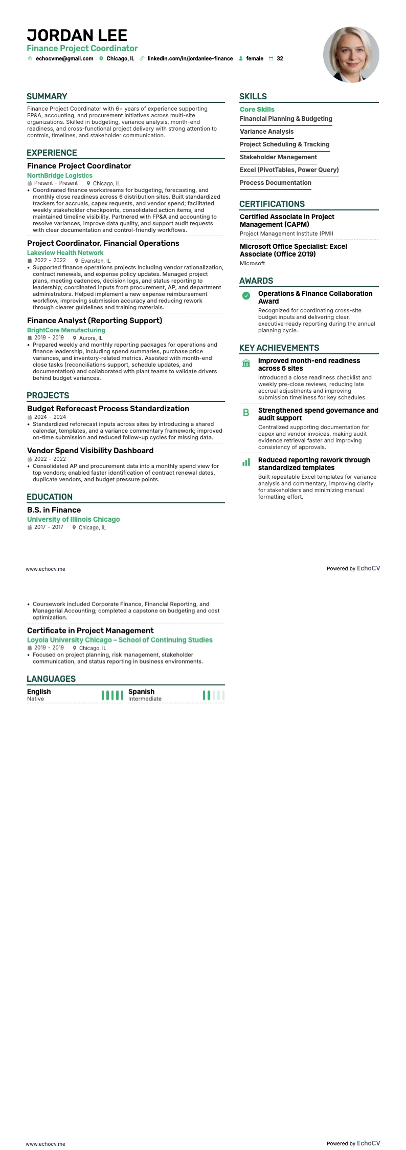 Finance Project Coordinator example resume