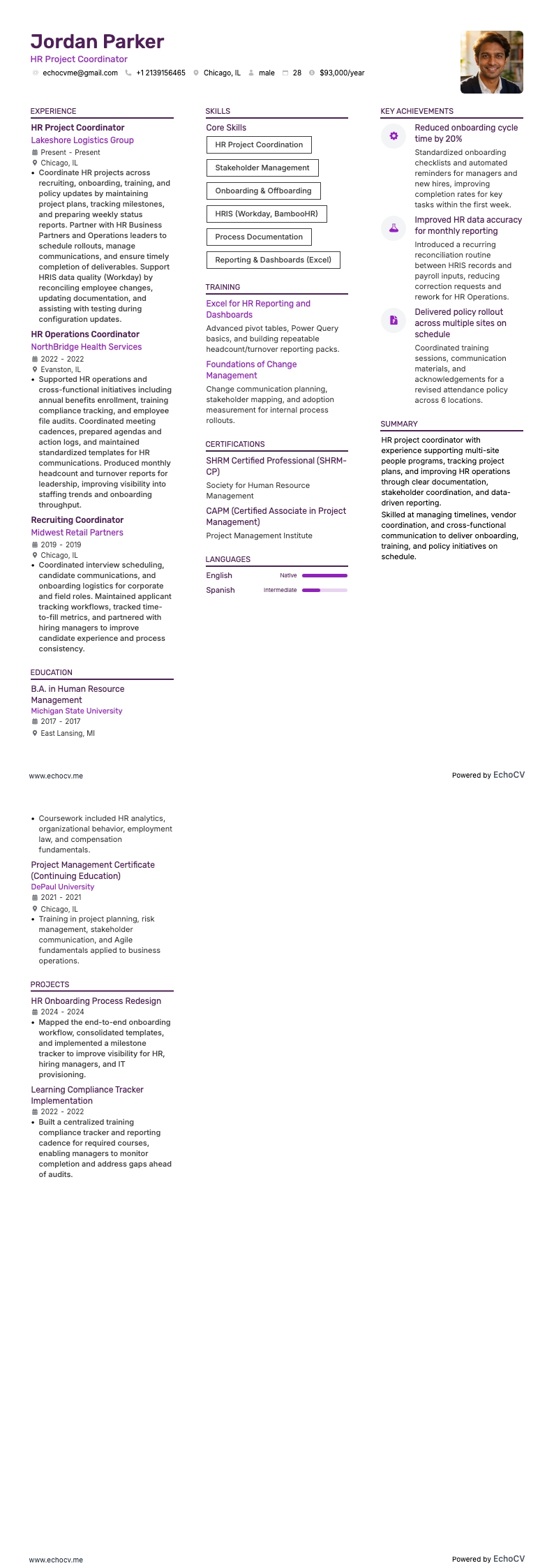 HR Project Coordinator example resume