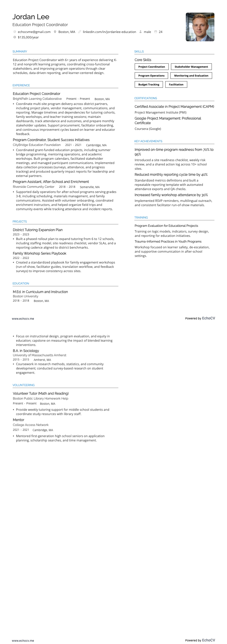 Education Project Coordinator example resume