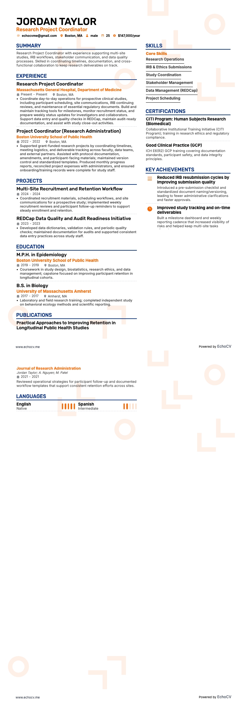 Research Project Coordinator example resume