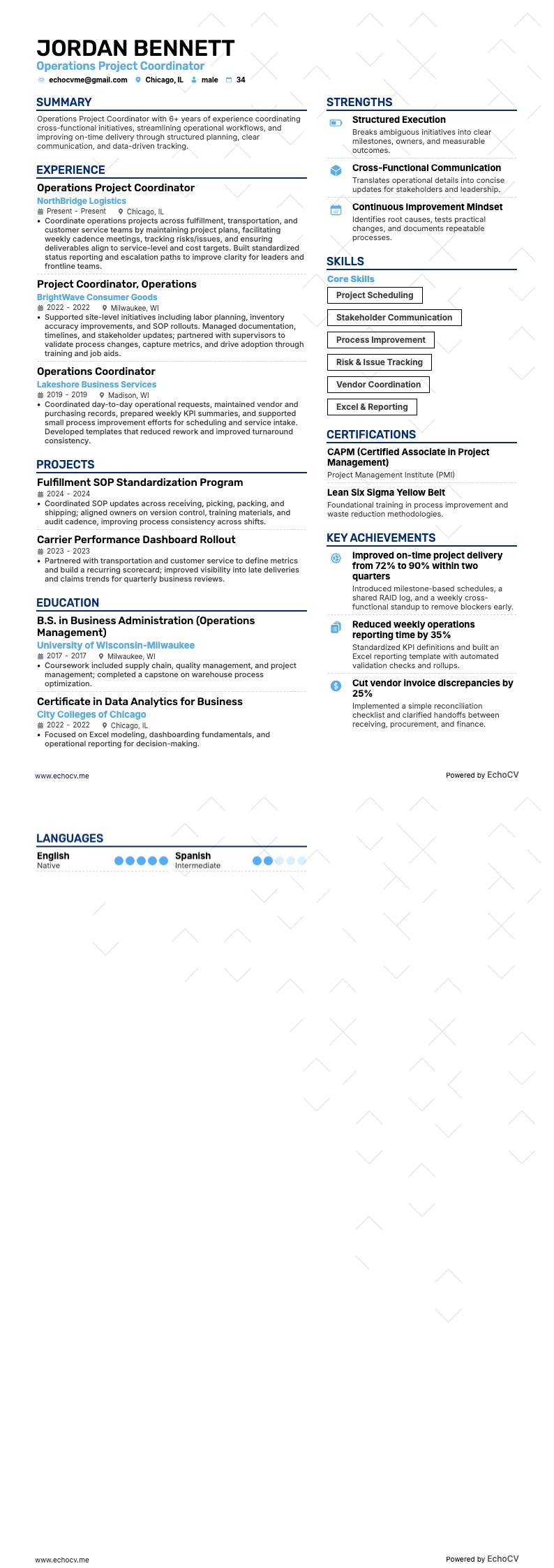 Operations Project Coordinator example resume