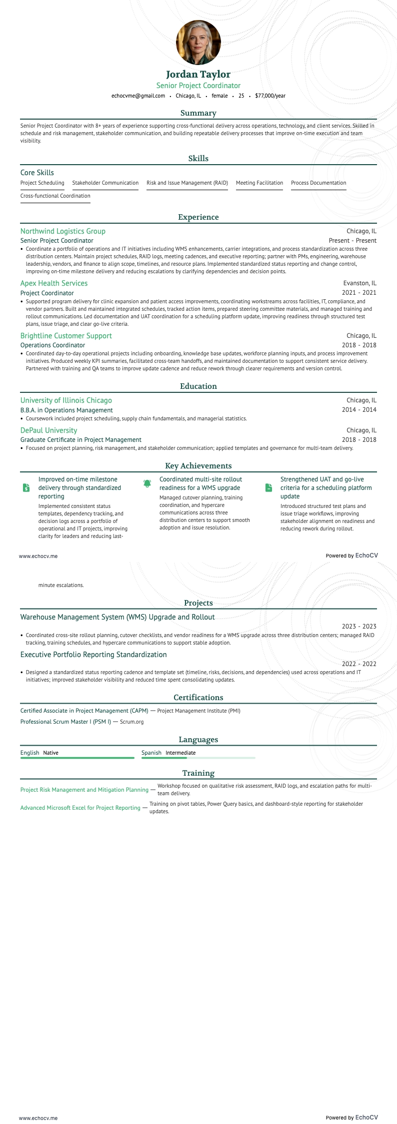 Senior Project Coordinator example resume