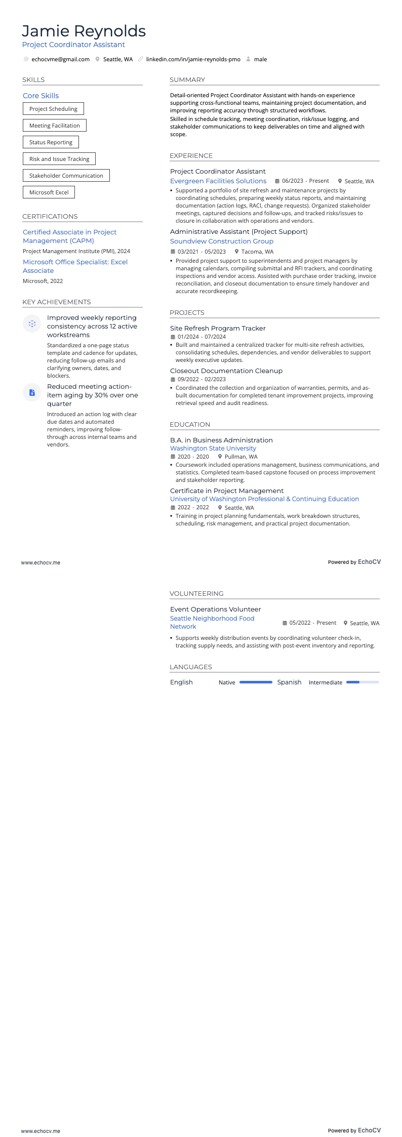 專案協調助理 resume example