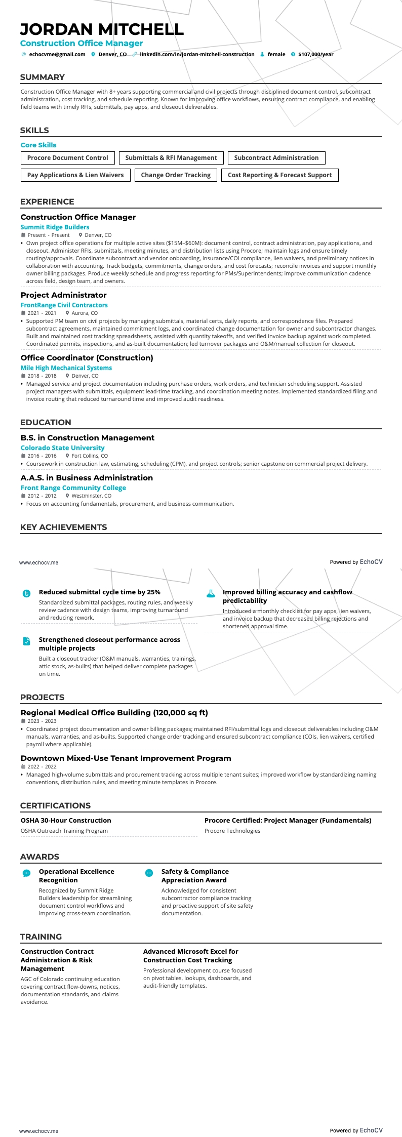 Construction Office Manager example resume