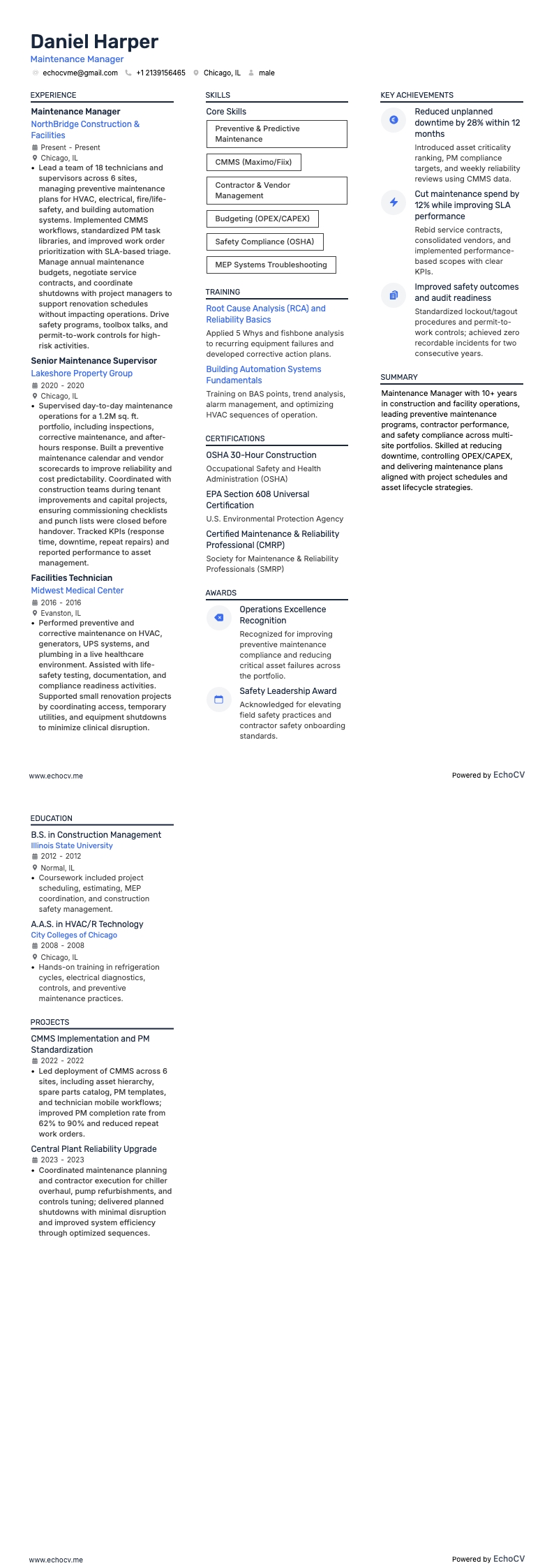 Maintenance Manager example resume