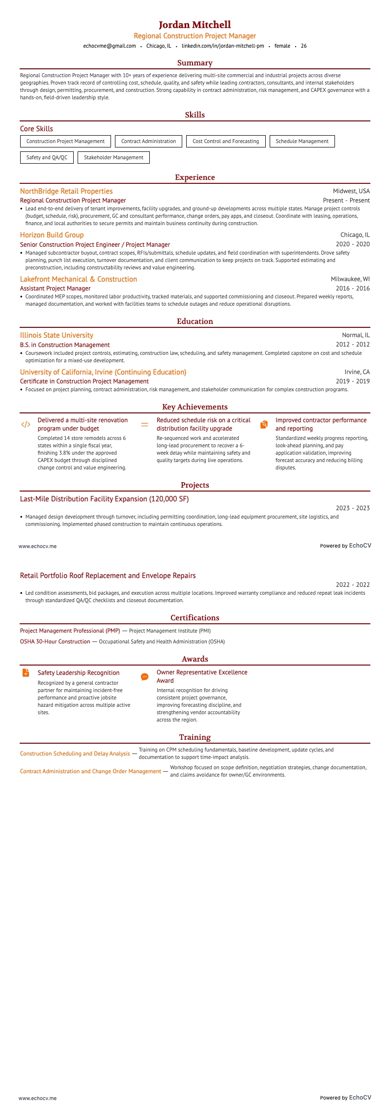 Regional Construction Project Manager example resume