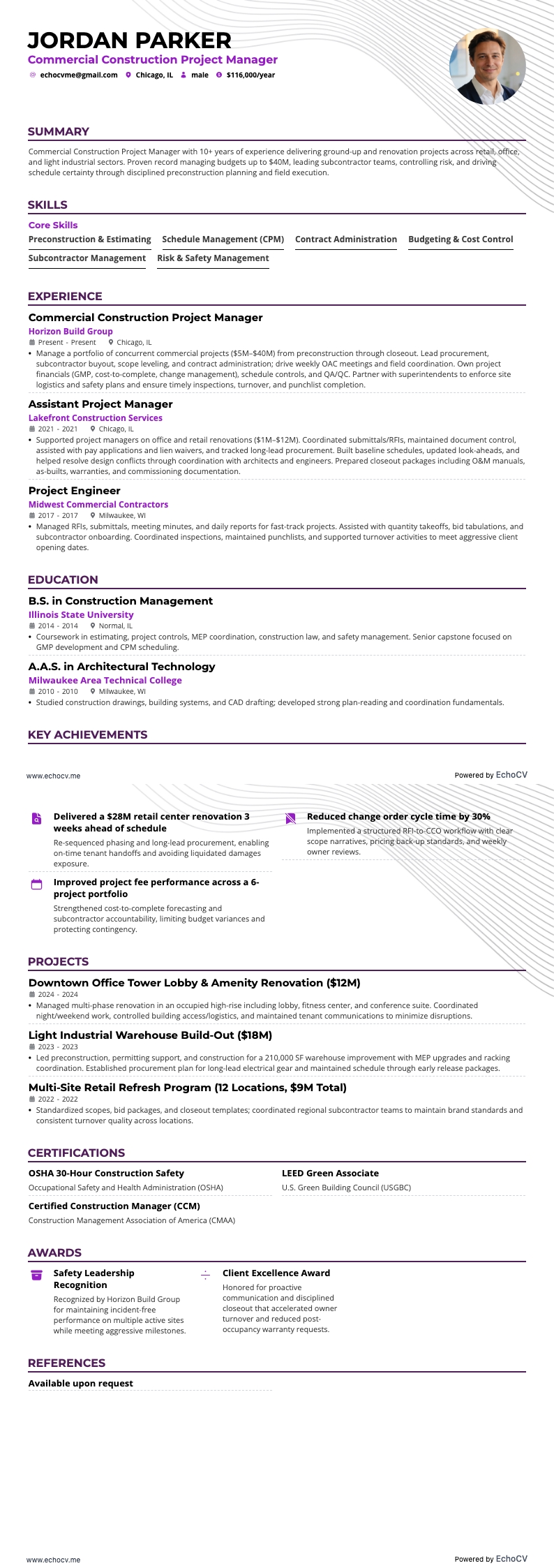 Commercial Construction Project Manager example resume