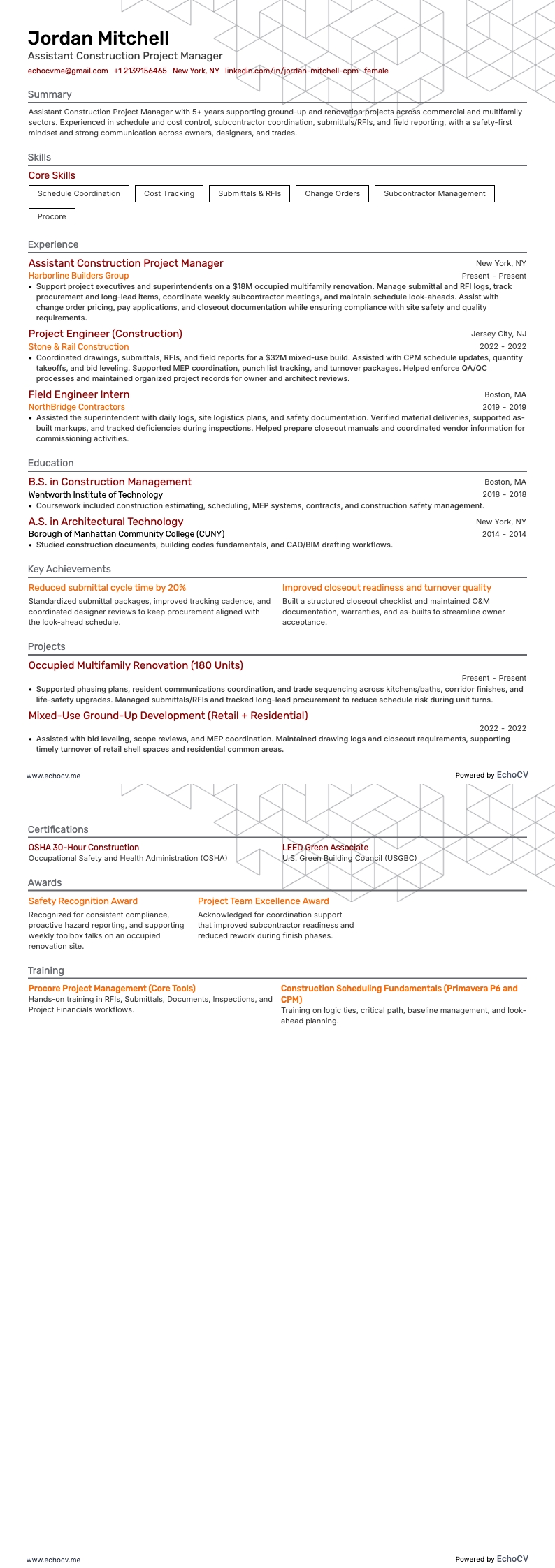Assistant Construction Project Manager example resume