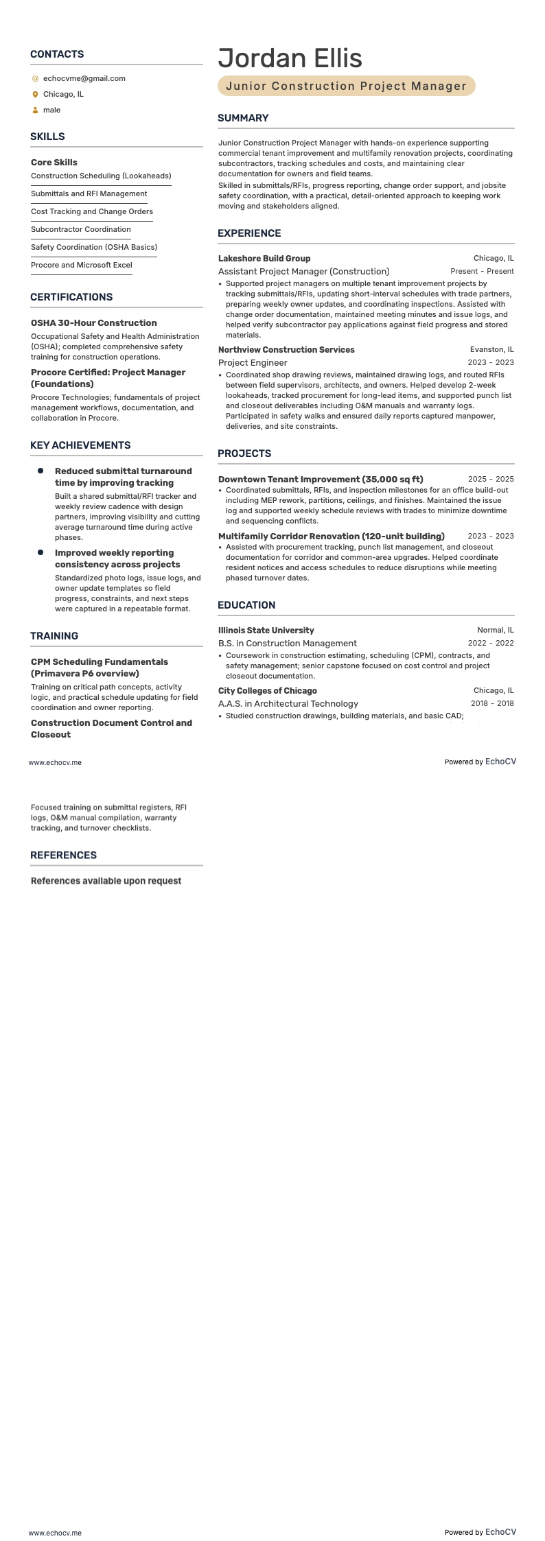 Junior Construction Project Manager example resume
