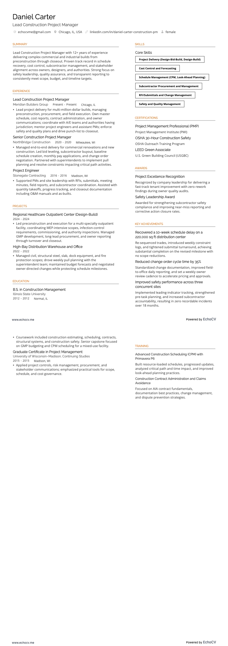 Lead Construction Project Manager example resume