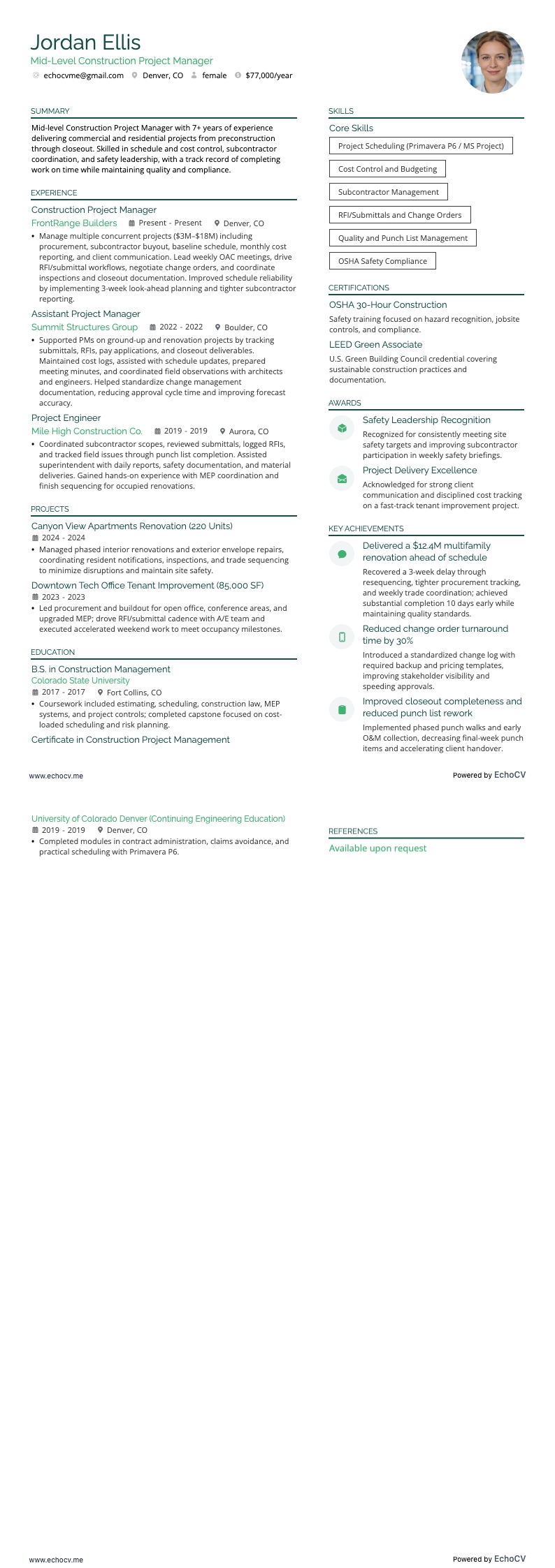 Mid-Level Construction Project Manager example resume