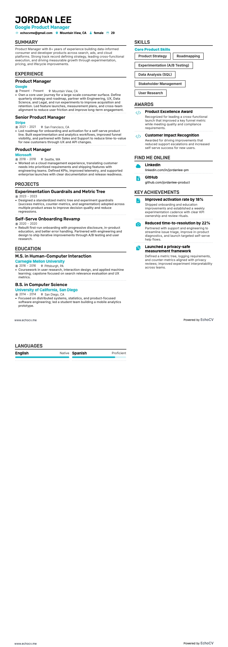 Google Product Manager example resume