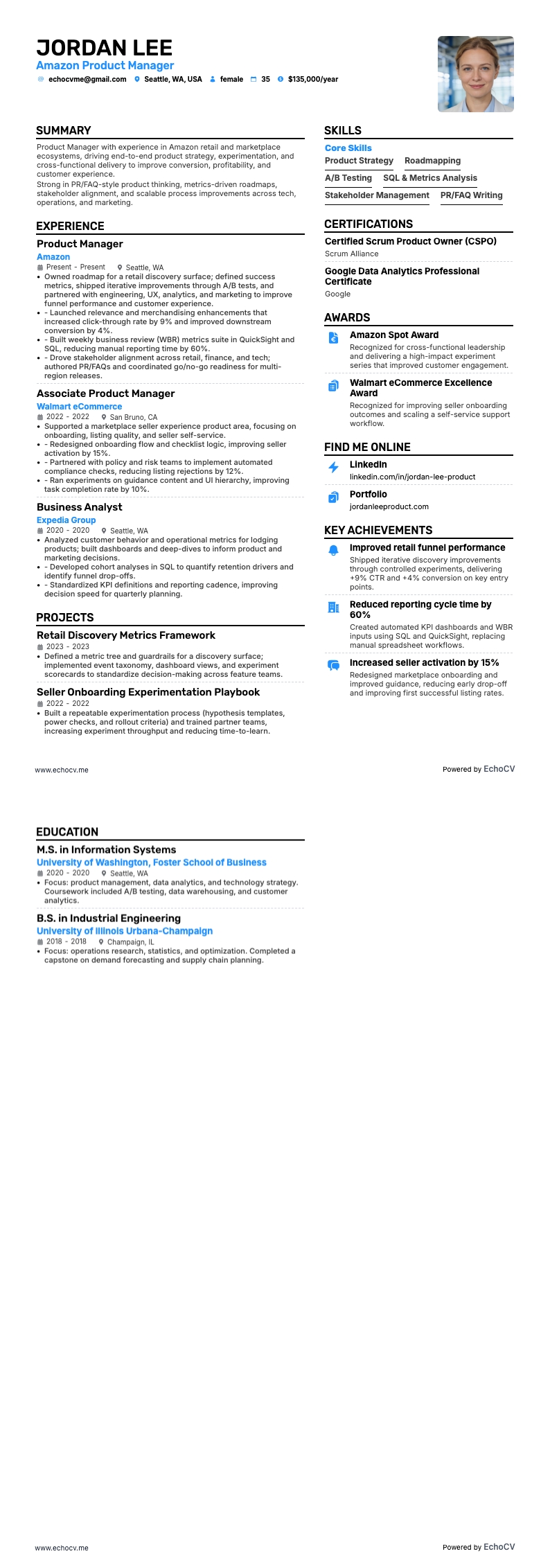 Amazon Product Manager example resume