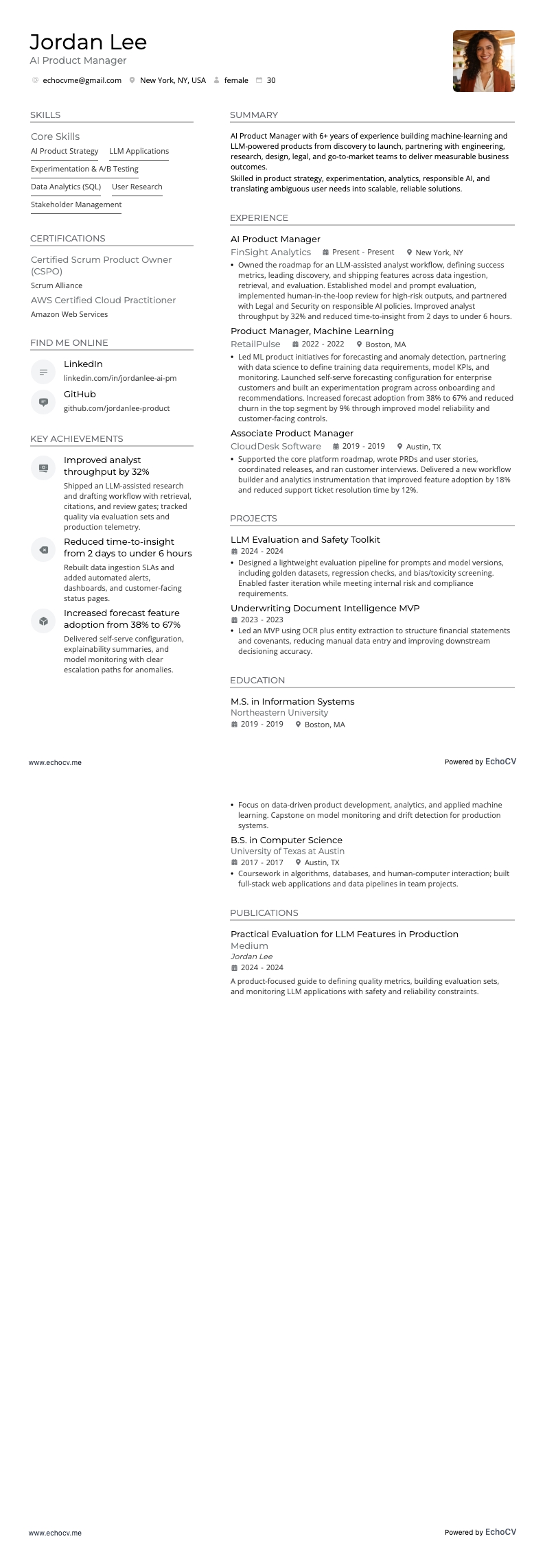 AI Product Manager example resume