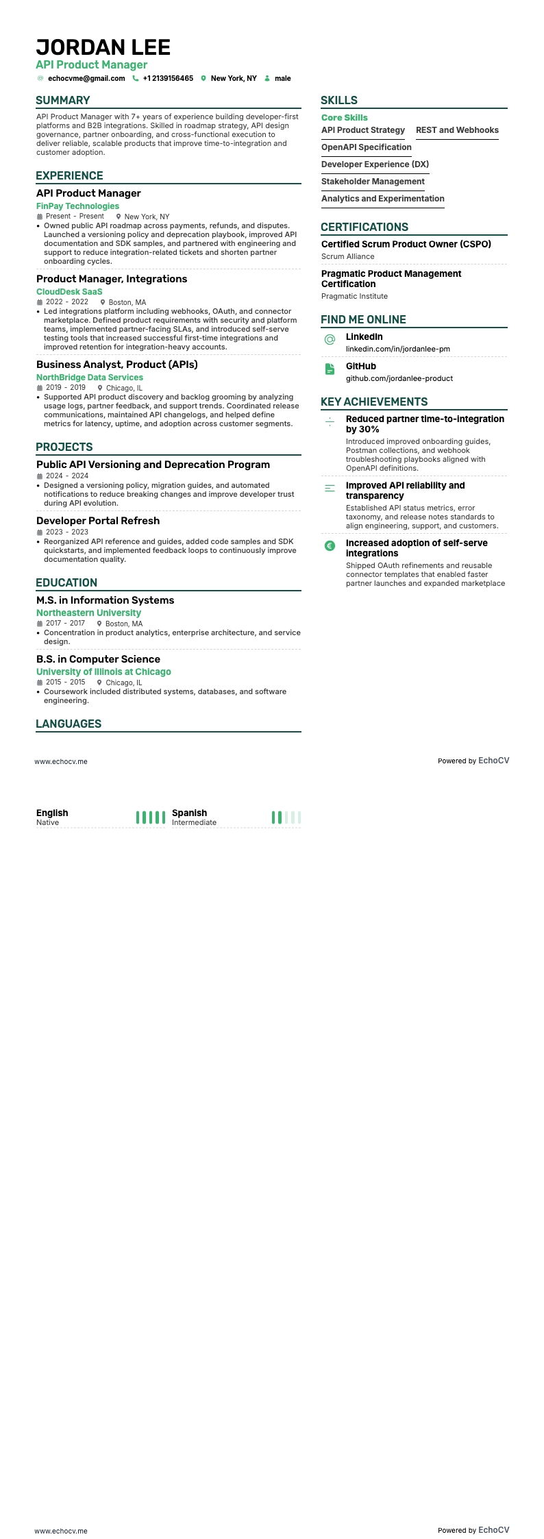 Api Product Manager example resume