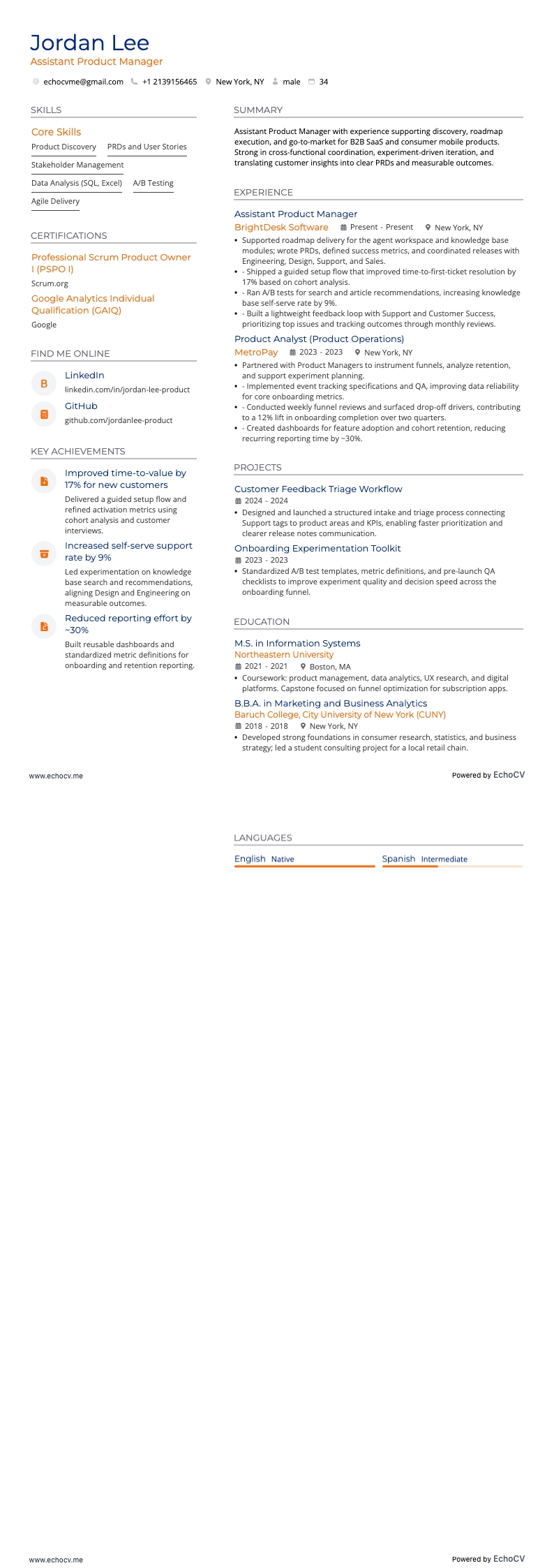 Assistant Product Manager example resume