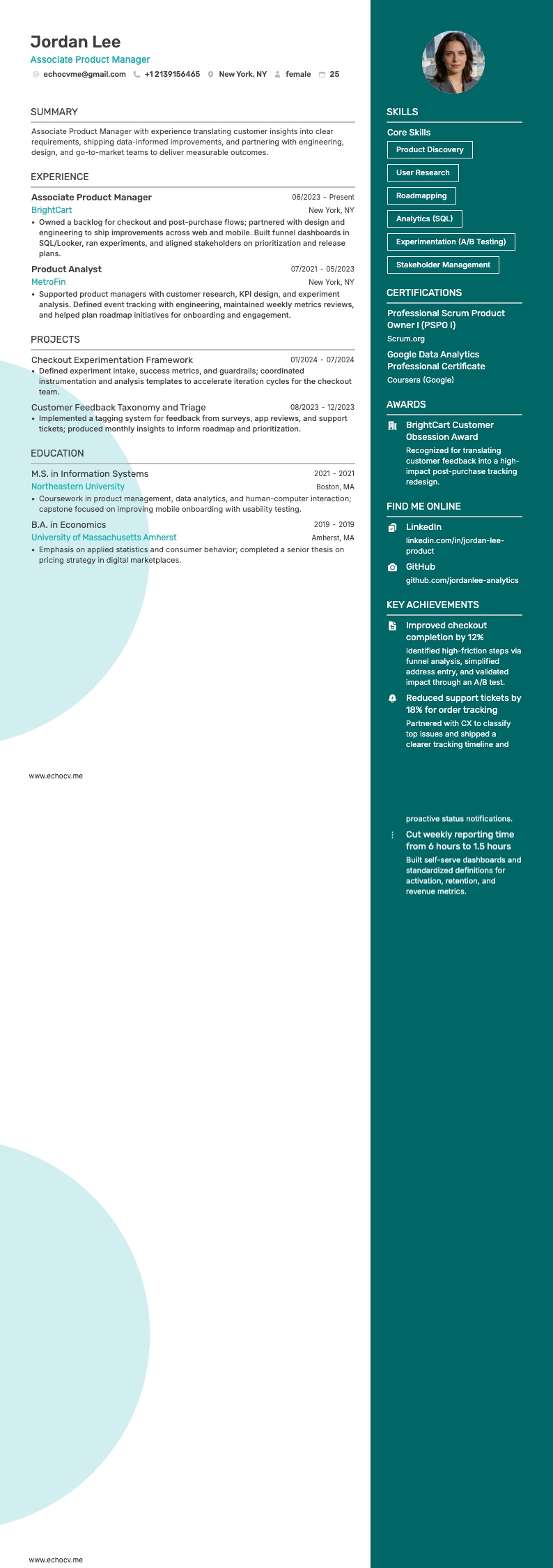 Associate Product Manager example resume