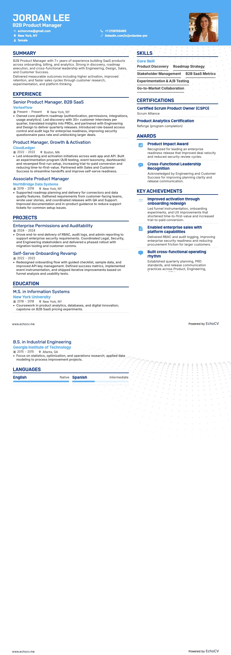 B2B Product Manager example resume