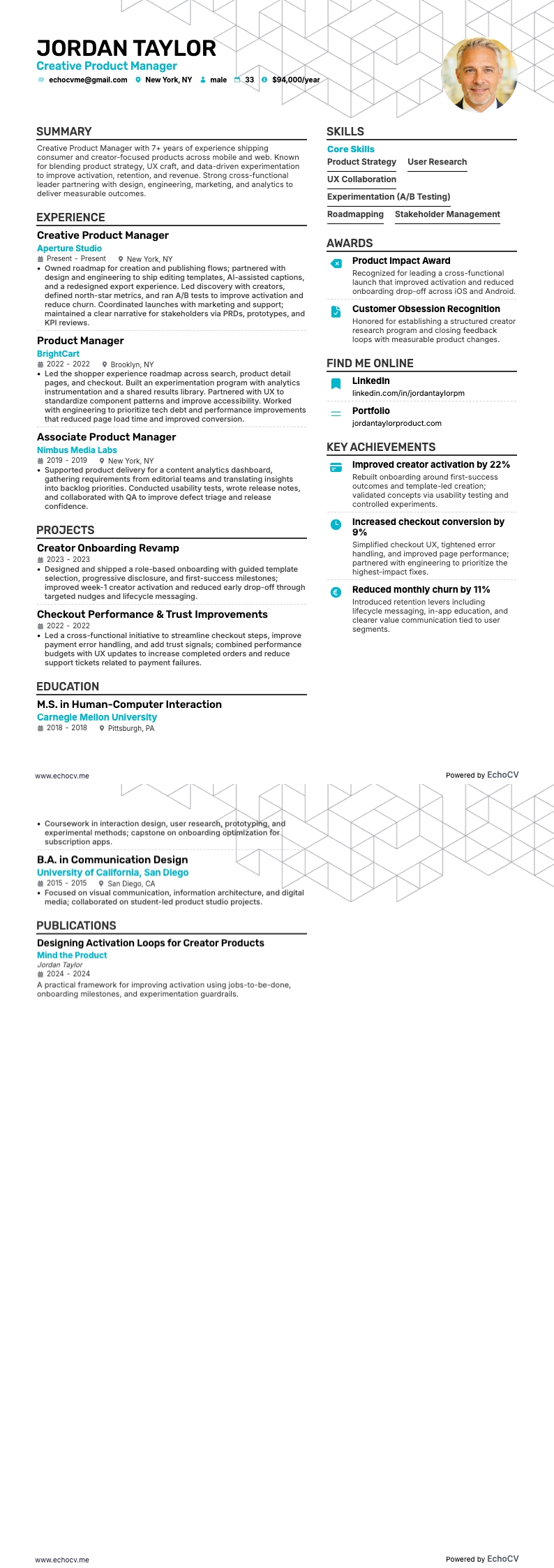 Creative Product Manager example resume