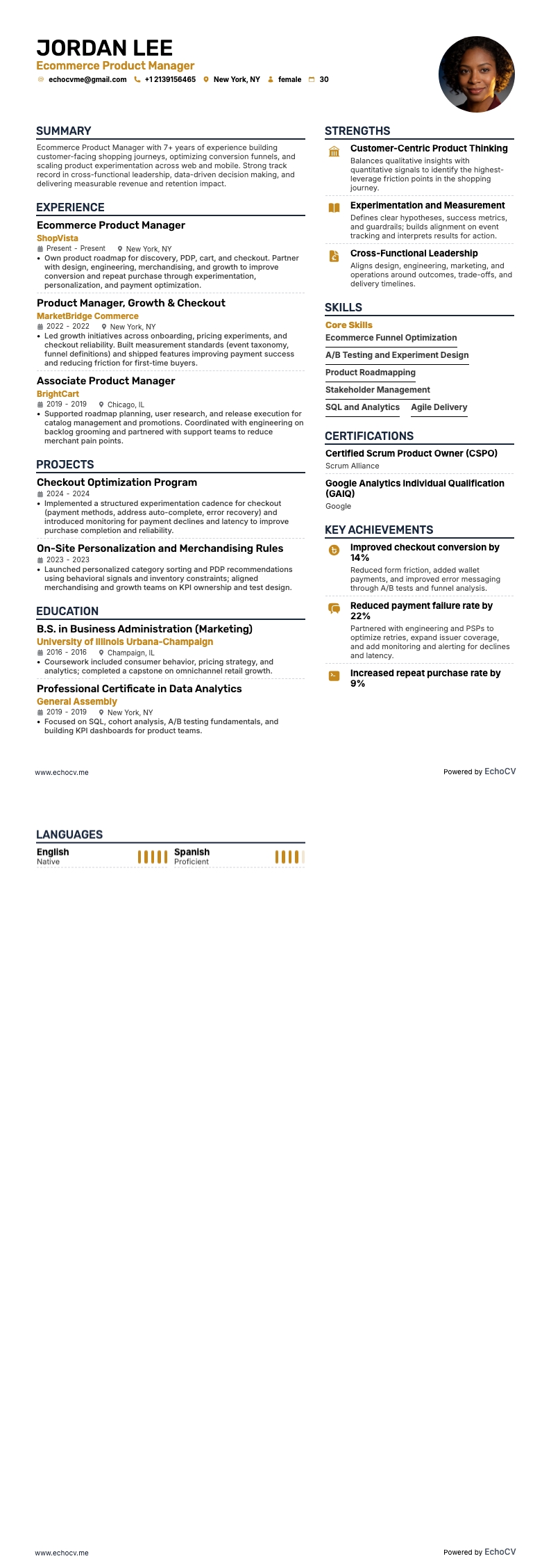 Ecommerce Product Manager example resume