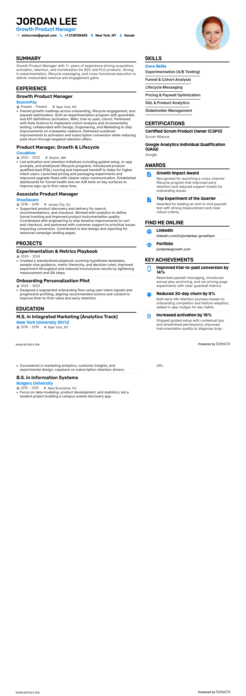 Growth Product Manager example resume